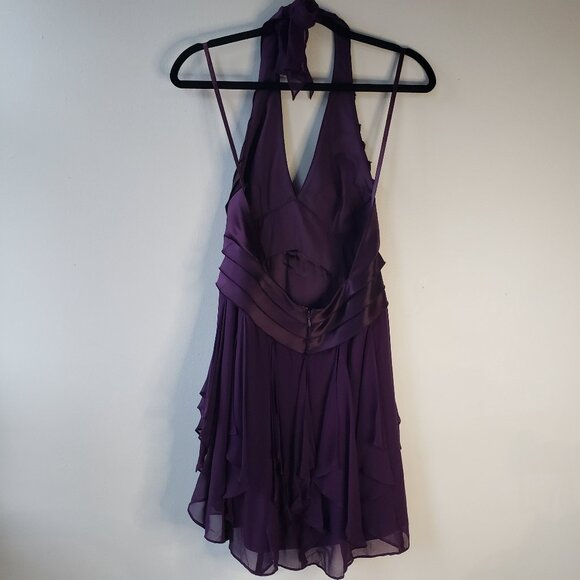 Deep Purple BCBG Fun Formal Mini Halter Dress w Pleats, Sheer Ruffle Fabric - Picture 9 of 15